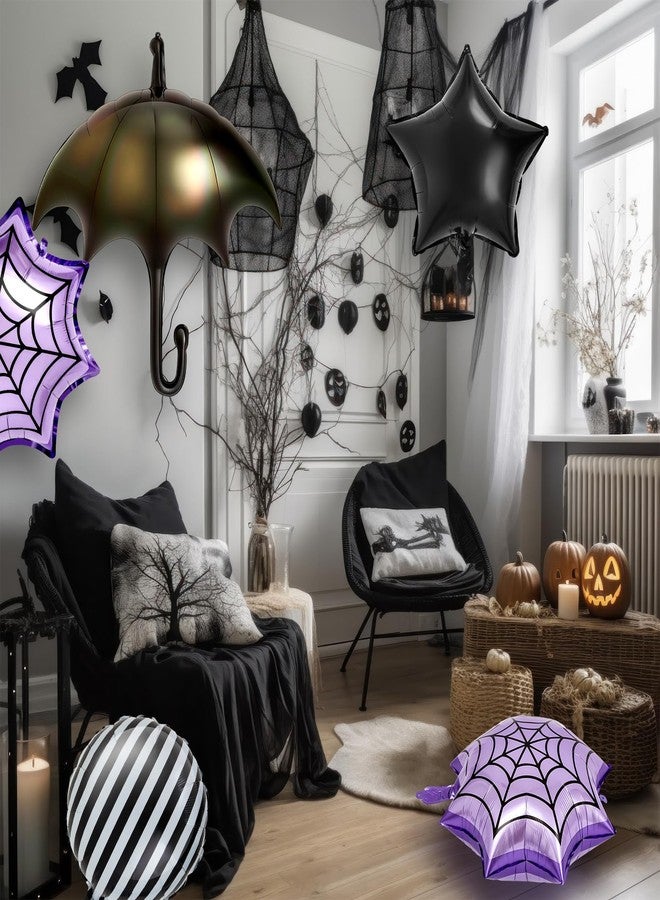LaRandom 8 Pcs Gothic Foil Balloons Purple and Black Striped Star Umbrella Aluminum Film Balloons for Goth Birthday Halloween Mysterious Character Theme Party Decorations Supplies - Image 4